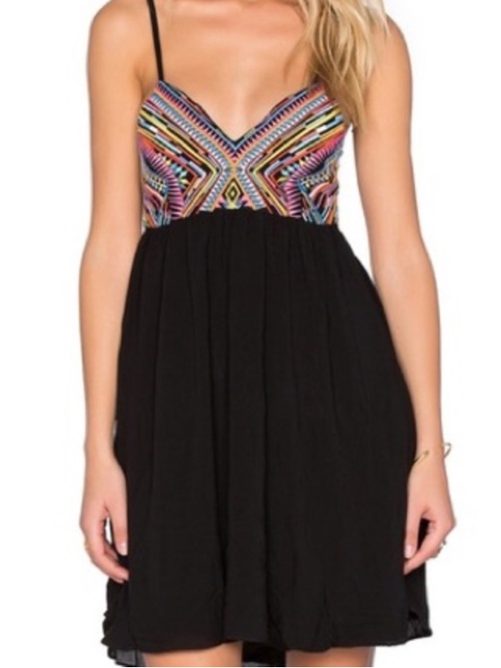 PilyQ Embroidered Boho Babydoll Dress Black Colorful Tribal Festival Anthro